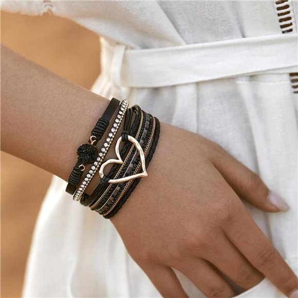 Bracelet for Women, Boho Leather Wrap Multi-Layer Pearl Crystal Bracelet Bangle - Picture 2 of 7